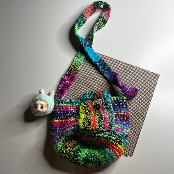 Handmade Handbags - Handmade Crochet Crossbody Bag Multi Color Rainbow Boho Bucket Bag with Charm